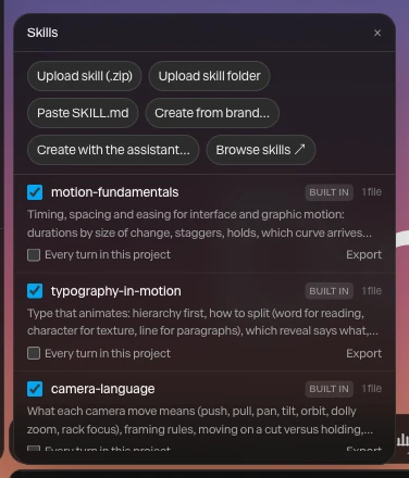 The Skills window: Upload skill (.zip), Upload skill folder, Paste SKILL.md, Create from brand…, Create with the assistant…, Browse skills, and the built-in skills with their switches