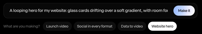 The sentence box on the home page, filled in by Website hero: a looping hero of glass cards drifting over a soft gradient, and Make it