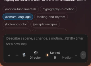 Skill chips over the message box, with /camera-language pinned for the next message