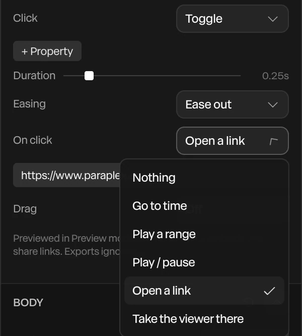 Click set to Toggle, and the On click list: Nothing, Go to time, Play a range, Play / pause, Open a link and Take the viewer there
