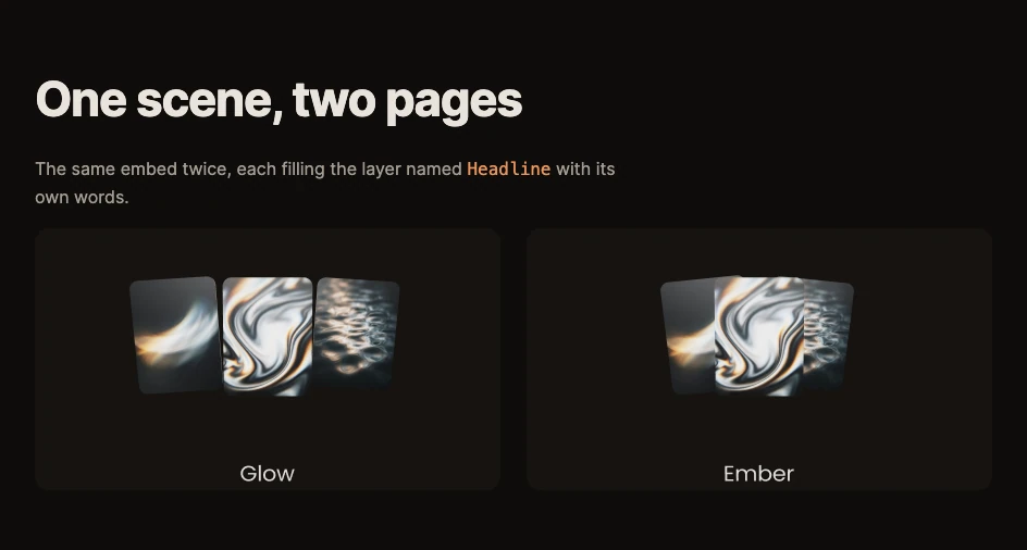 The same embed twice on a page, one filling the layer named Headline with Glow, the other with Ember