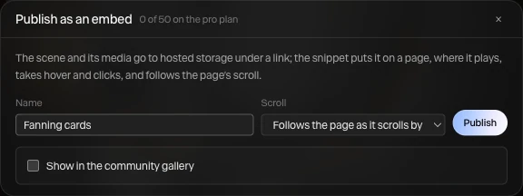 The Publish as an embed dialog: the name Fanning cards, Scroll set to Follows the page as it scrolls by, Publish, and Show in the community gallery