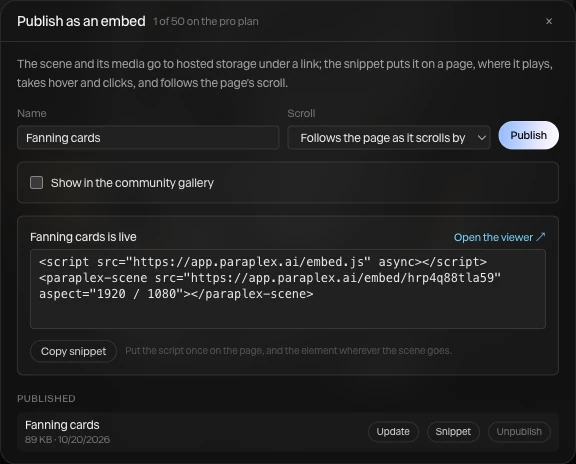 After publishing: Fanning cards is live, Open the viewer, the embed snippet, Copy snippet, and the piece in the Published list