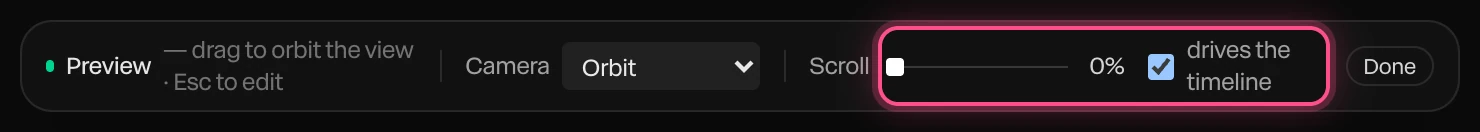 The Preview bar with Scroll at 0% and drives the timeline checked, highlighted