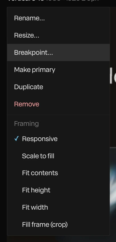 An artboard's menu: Rename, Resize, Breakpoint (highlighted), Make primary, Duplicate, Remove, and the framings, Responsive checked