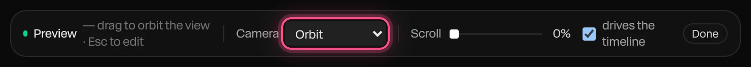 The Preview bar with the Camera list, set to Orbit, highlighted