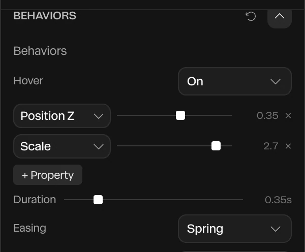 The Behaviors section: Hover On, Position Z 0.35 and Scale 2.7, Duration 0.35s, Easing Spring