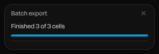 The Batch export panel: Finished 3 of 3 cells
