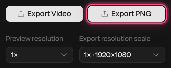 The foot of the properties panel: Export Video and Export PNG, with Export PNG highlighted, and Preview resolution and Export resolution scale under them