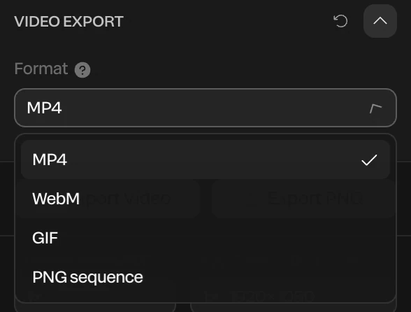 Video Export's Format list: MP4, WebM, GIF and PNG sequence