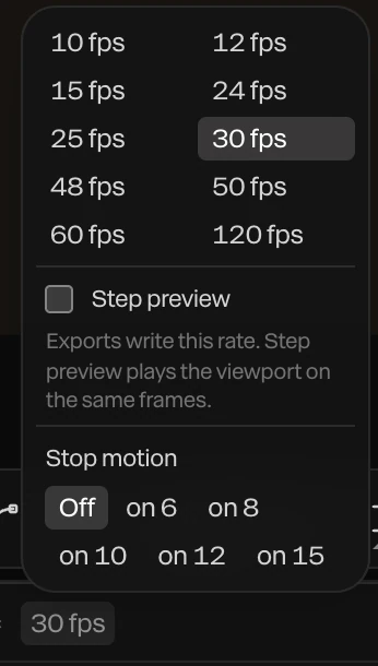 The frame rate menu: 10 to 120 fps, 30 chosen, Step preview, and Stop motion