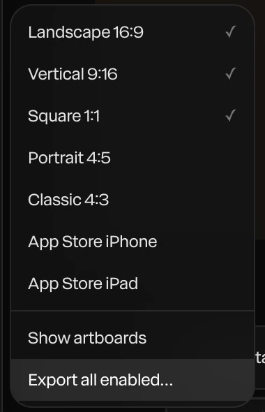 The Export formats menu: Landscape 16:9, Vertical 9:16 and Square 1:1 checked, the other formats, Show artboards and Export all enabled