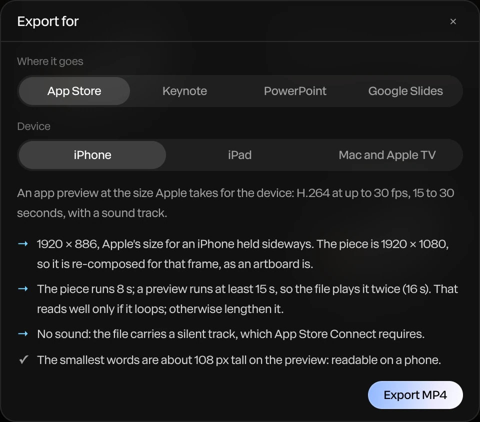 Export for: App Store chosen, iPhone, the rules it follows, the checks it made, and Export MP4