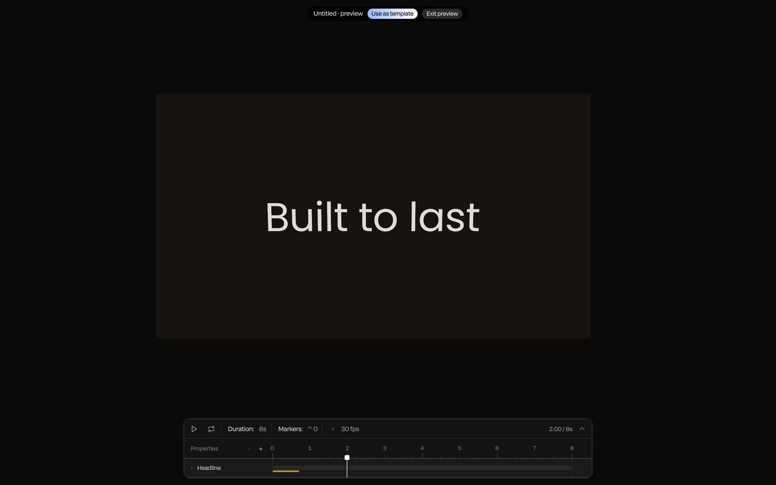 A share-file preview: Untitled · preview, Use as template and Exit preview over the piece and its timeline