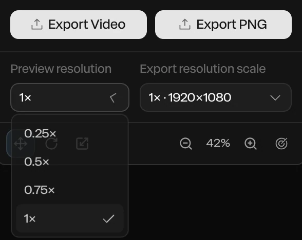 Preview resolution open, with 0.25×, 0.5×, 0.75× and 1× chosen, beside Export resolution scale