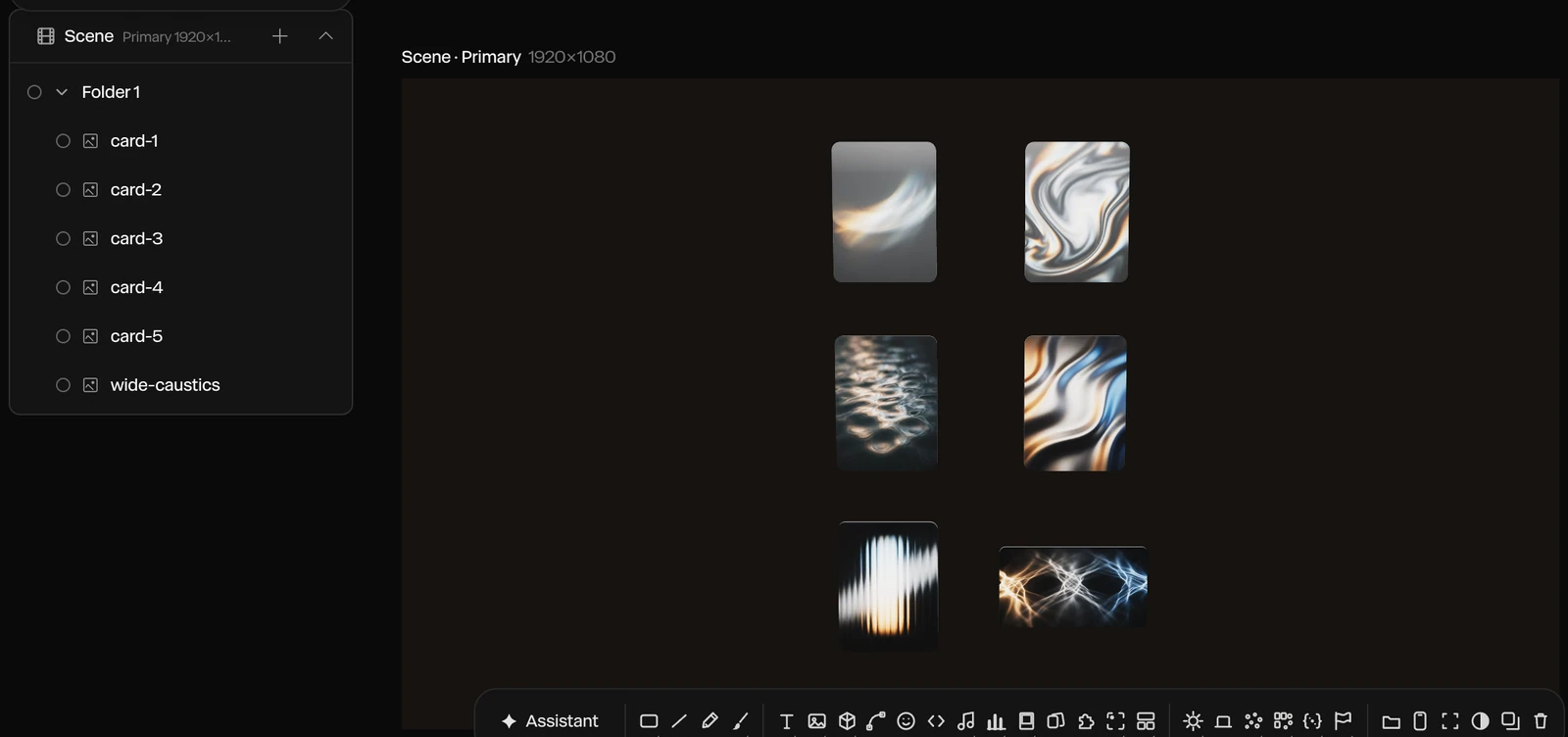 Six pictures from a folder as cards in a grid, in a group named Folder 1 in the Layers panel