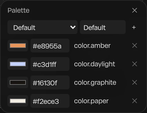 The palette after an import: color.amber, color.daylight, color.graphite and color.paper, each with its hex code