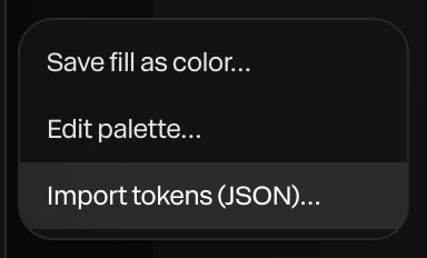 The Colors submenu: Edit palette and Import design tokens