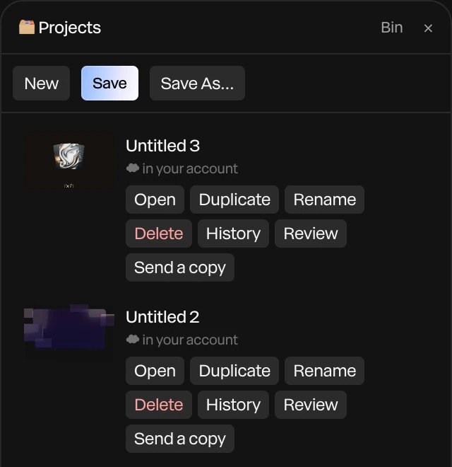 The Projects panel signed in: the Bin button, and projects marked in your account, with History, Review and Send a copy