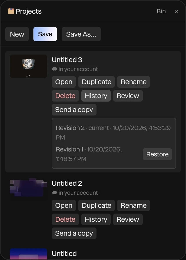A project's History: Revision 2, current, and Revision 1 with Restore