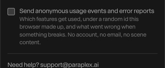 Send anonymous usage events and error reports, unchecked, with its description