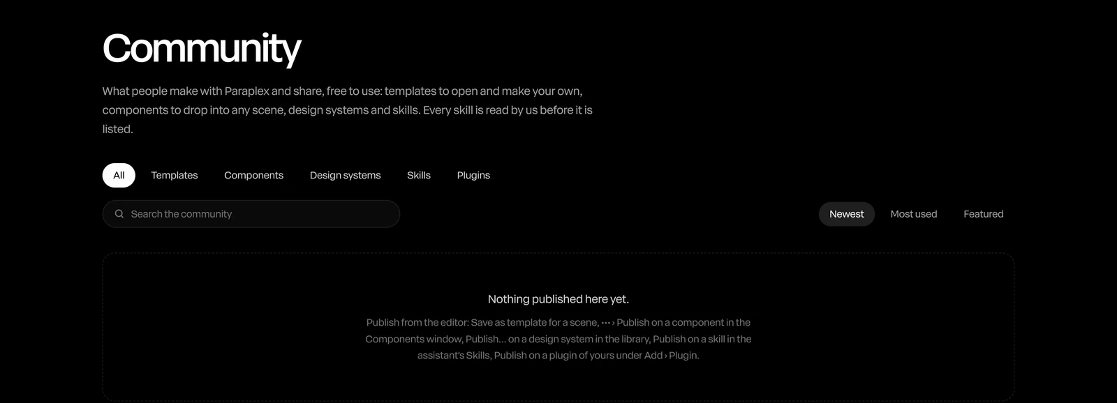 The Community page: Templates, Components, Design systems, Skills and Plugins, a search, and Newest, Most used and Featured