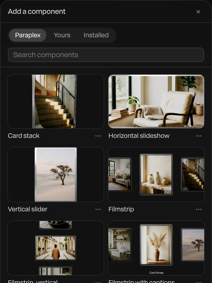 The Components window: Paraplex, Yours and Installed, a search, and the built-in components