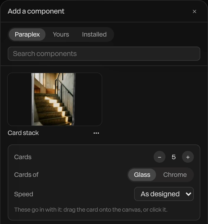 The Card stack's dials: Cards 5, Cards of Glass or Chrome, and Speed As designed