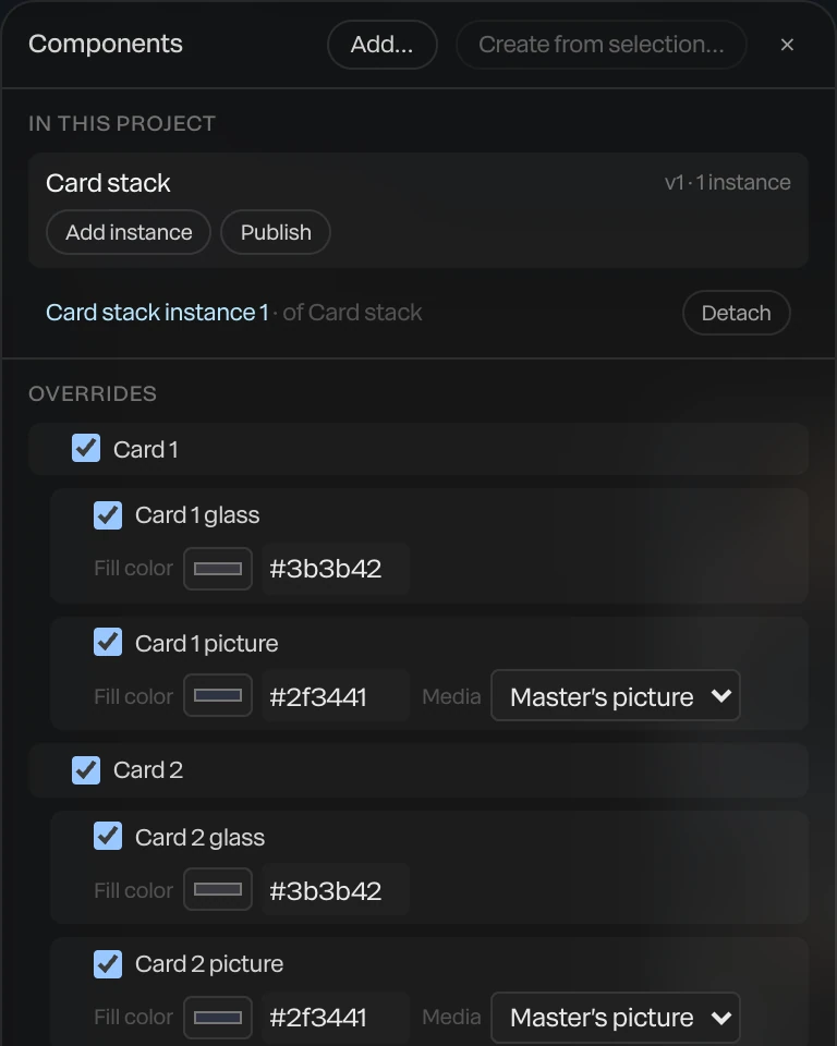 The Components panel: the Card stack master, v1 with 1 instance, its instance, and the instance's overrides: each card's fill color and picture