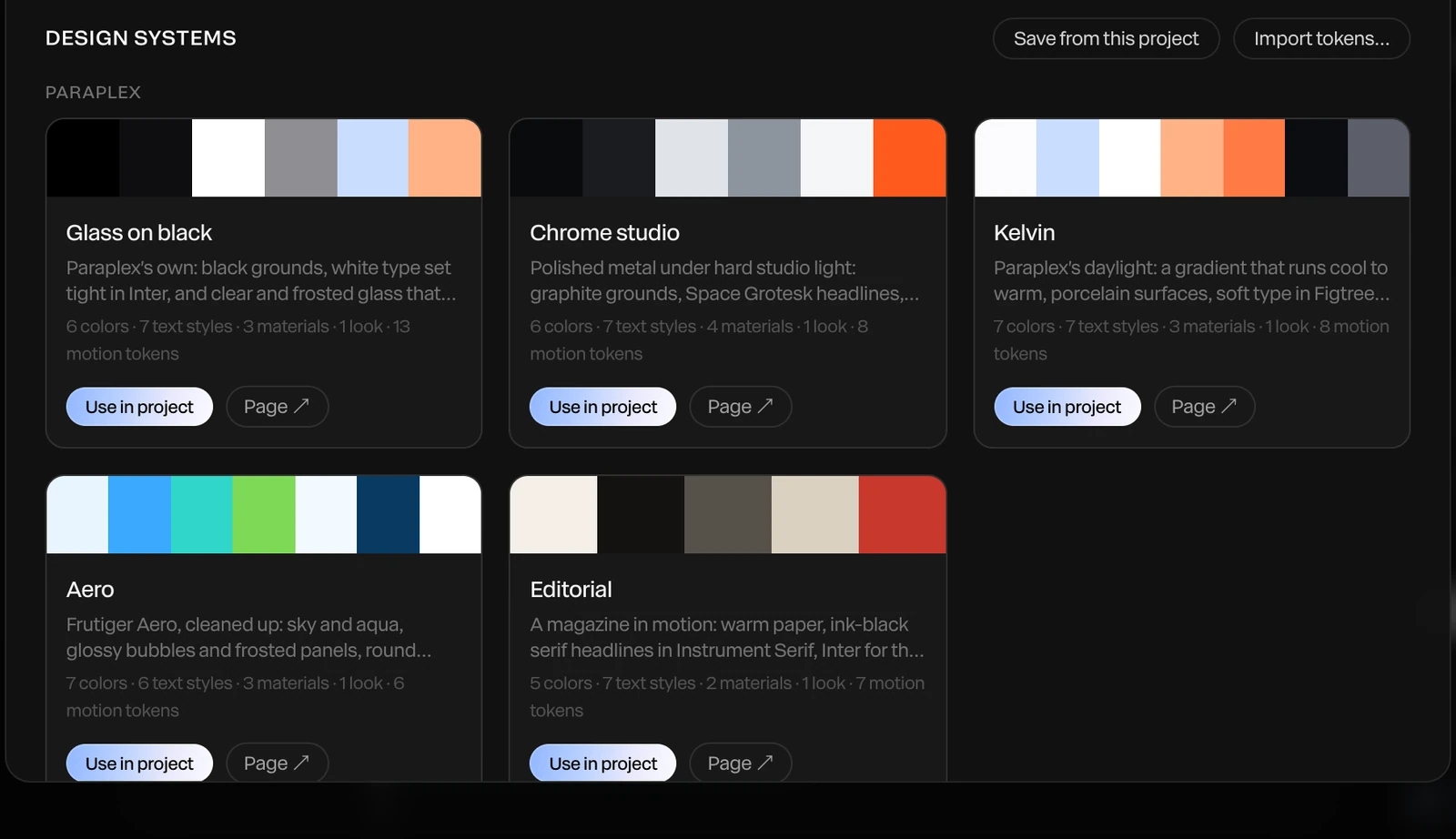 The library's Design systems: Save from this project, Import tokens, and Paraplex's five systems with their colors and what they hold