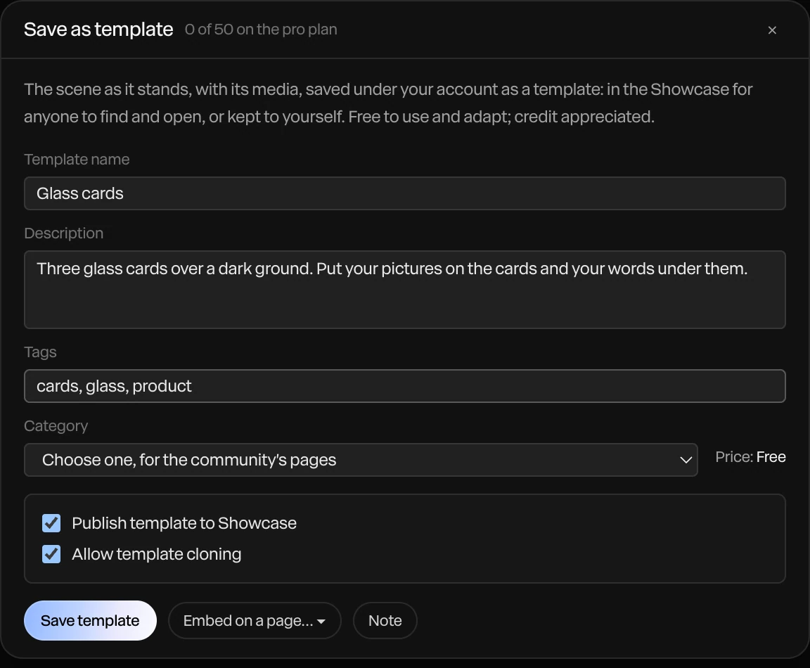 Save as template: a name, description and tags, a category, Publish template to Showcase and Allow template cloning, and Save template