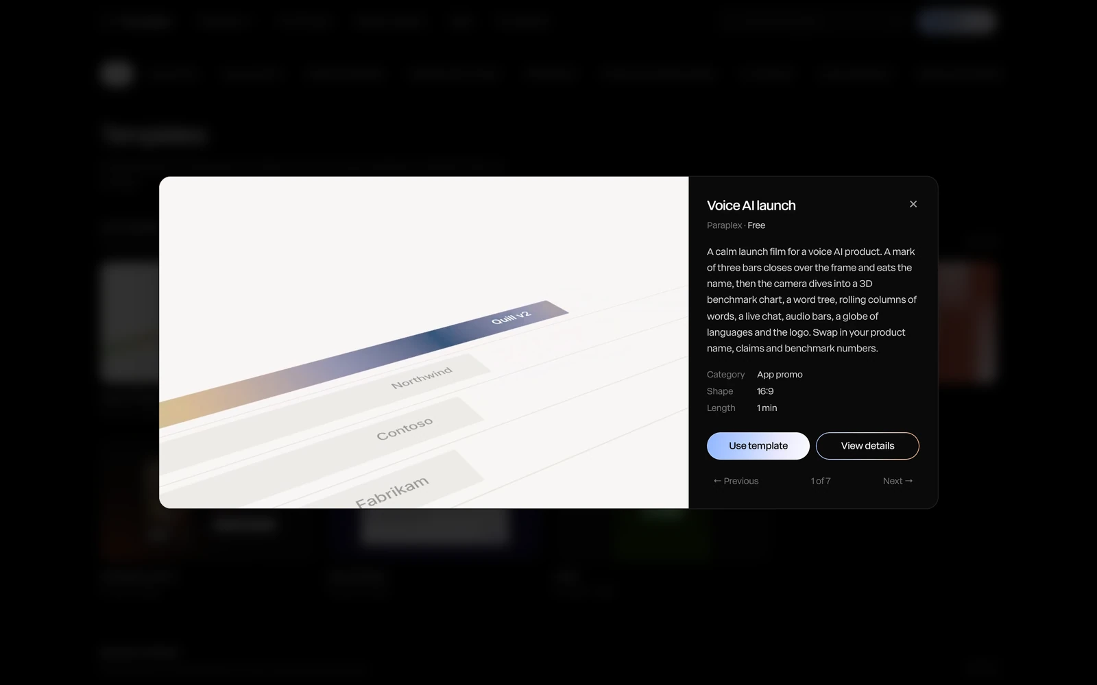 A template's quick preview: the piece playing, its description, category, shape and length, Use template and View details