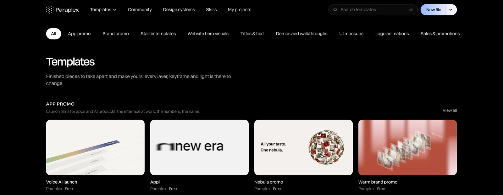 The Templates page: the categories along the top, and the first App promo templates