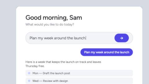 App launch (your UI) template: the camera pushes in on the input of an app interface pasted in as HTML, then eases back out