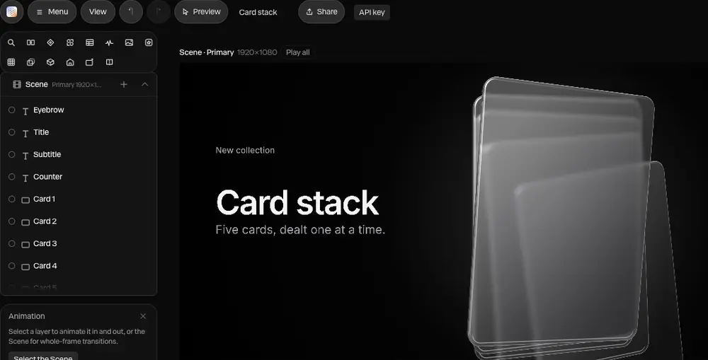 3D card stack video template in Paraplex, with chrome and glass materials and motion design principles with editable keyframes and easing.