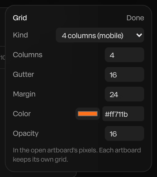 Grid settings: Kind, Columns, Gutter, Margin, Color and Opacity