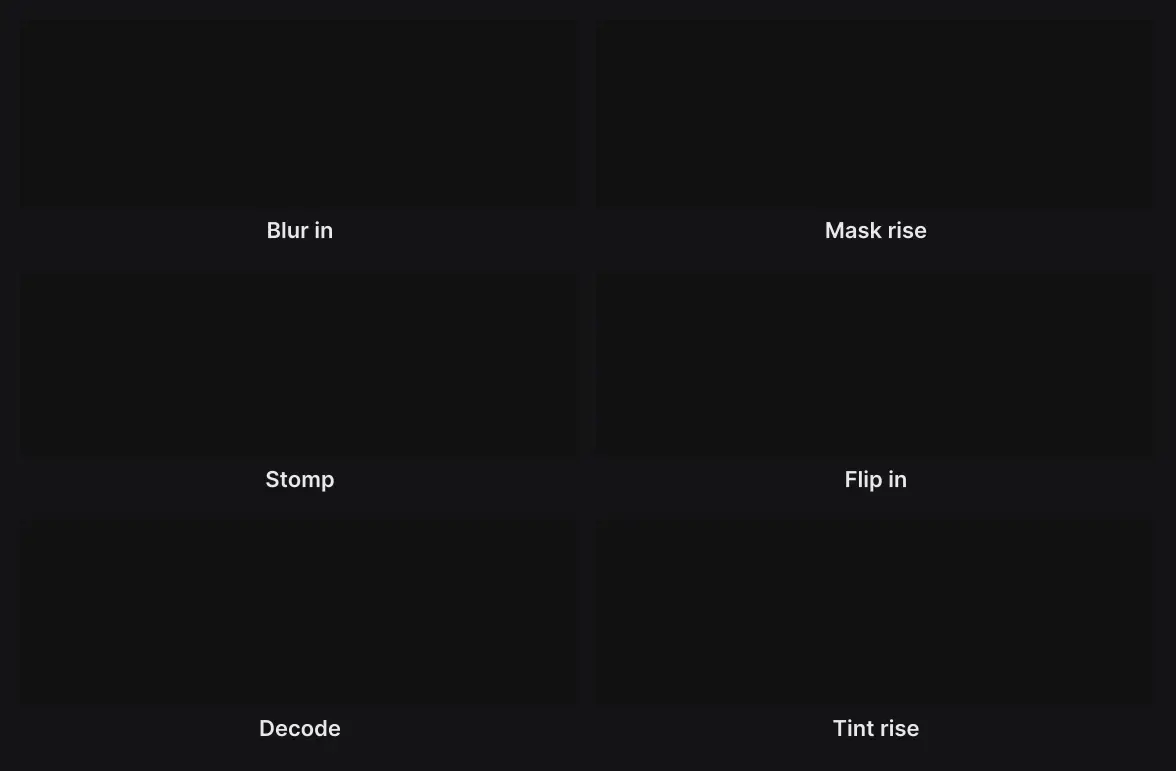 A grid gallery showcasing various text animation presets, including Blur In, Mask rise, Stomp, Flip in, Decode, and Text Rise, resembling sleek GSAP type animations, all of which are shown to be customizable and editable in the Paraplex app.