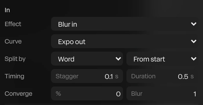 User interface panel showing text animation settings with options for Effect: Blur in, Curve: Expo out, Split by: Word starting from start, Timing stagger 0.1 seconds, Duration 0.5 seconds, Converge 0%, and Blur 1.