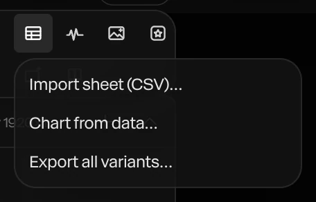 The Data variants menu in Paraplex: Import sheet (CSV), Chart from data and Export all variants