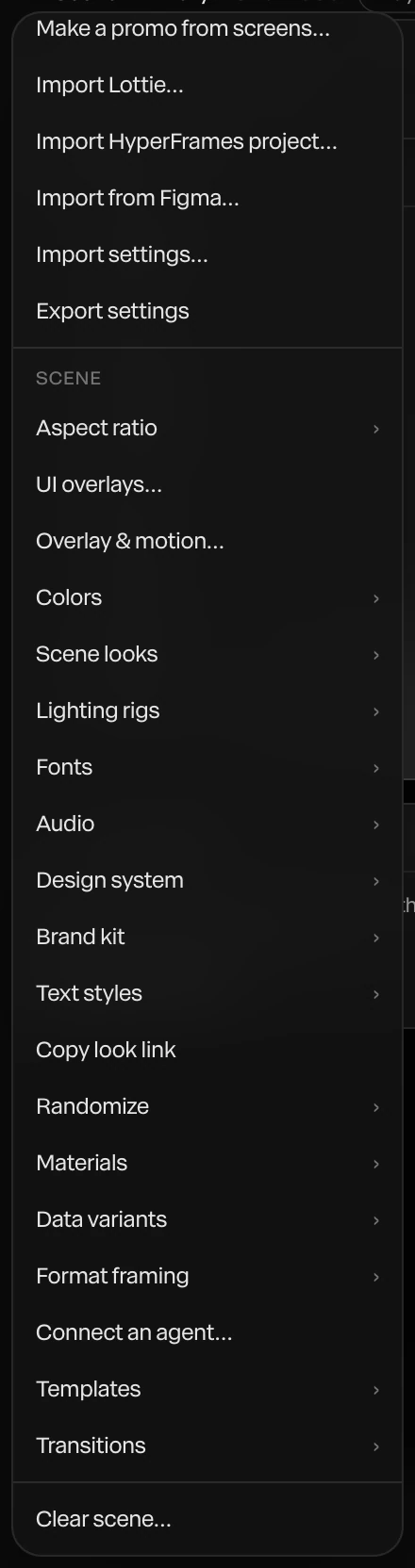 The Scene section of the Paraplex Menu, with Connect an agent between Format framing and Templates, and Import HyperFrames project near the top