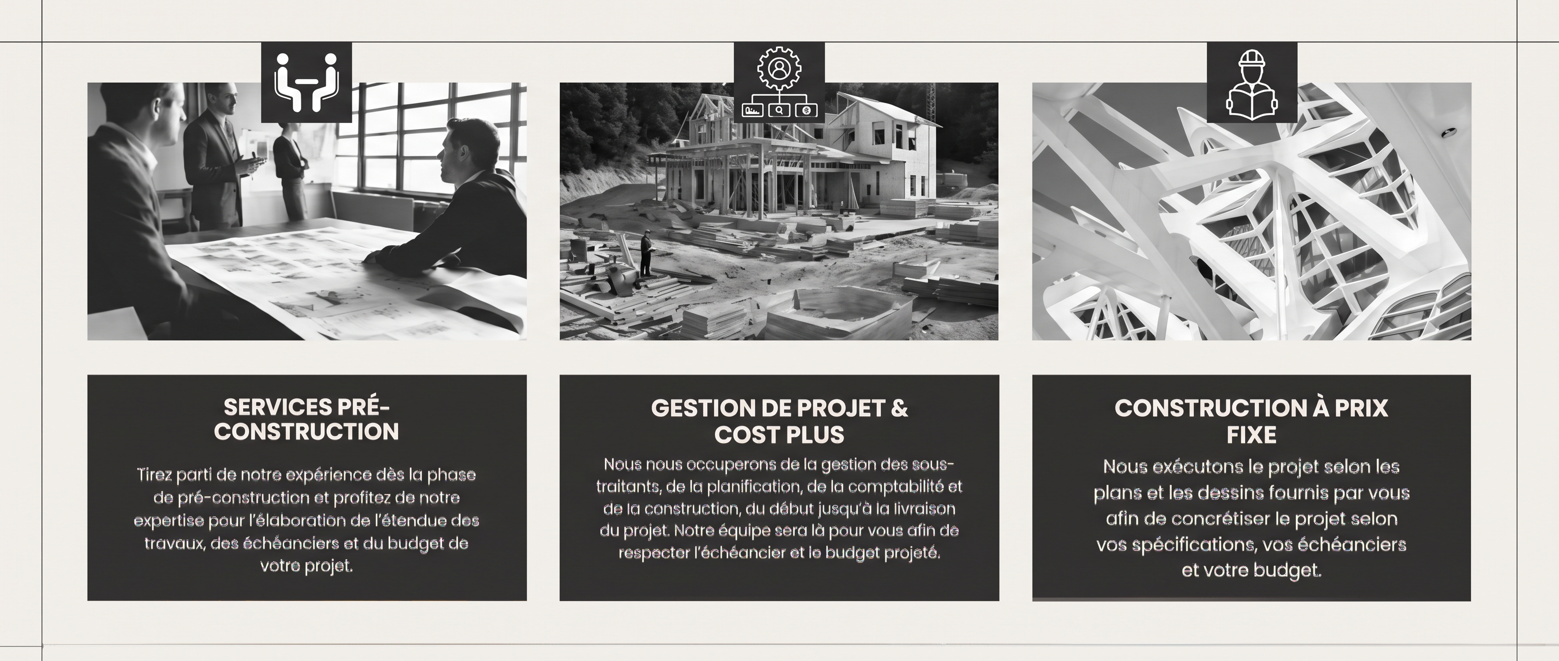 Services pré-construction, gestion de projet et cost plus, construction à prix fixe