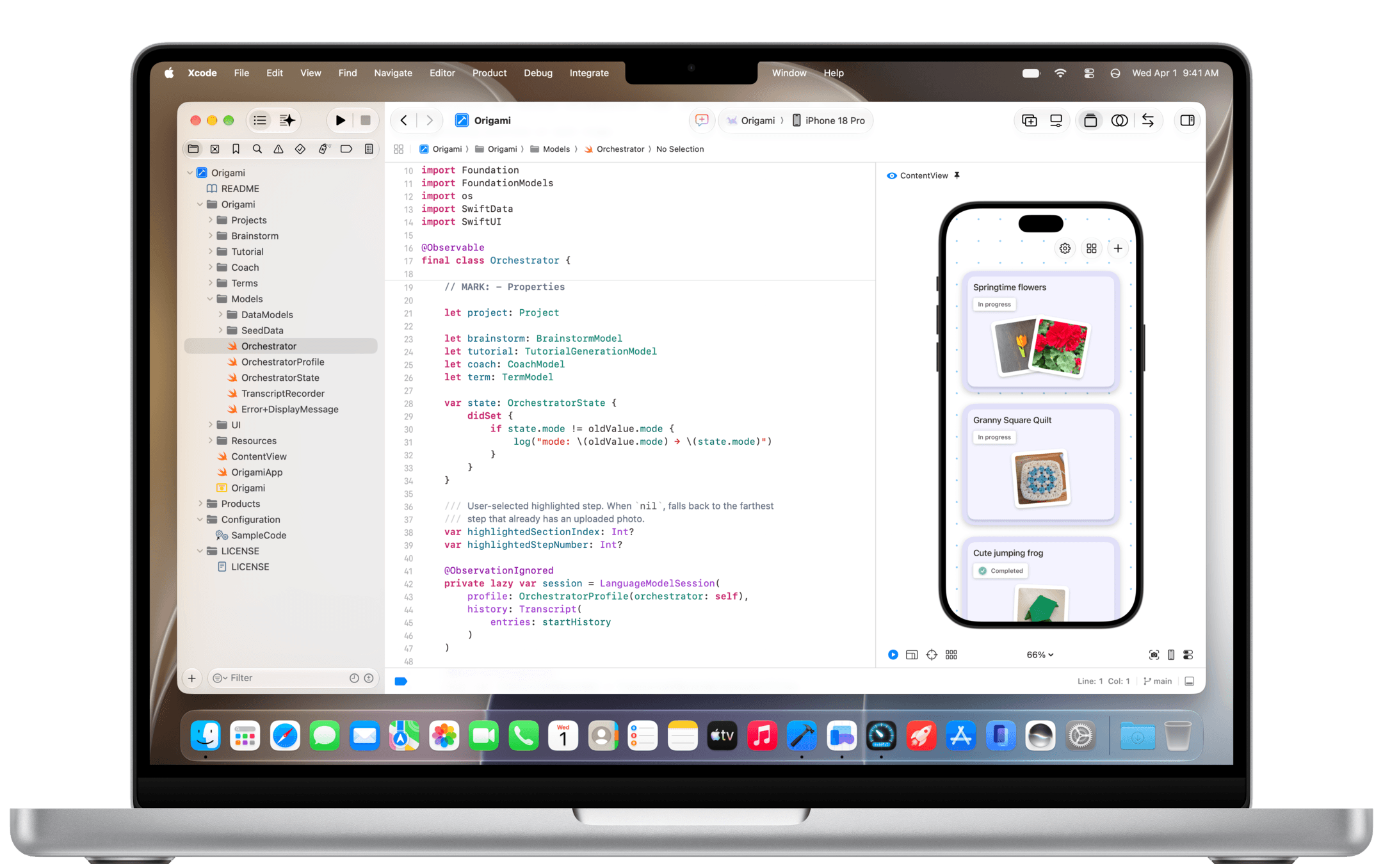 Xcode on Mac, with a preview of the interface next to the code
