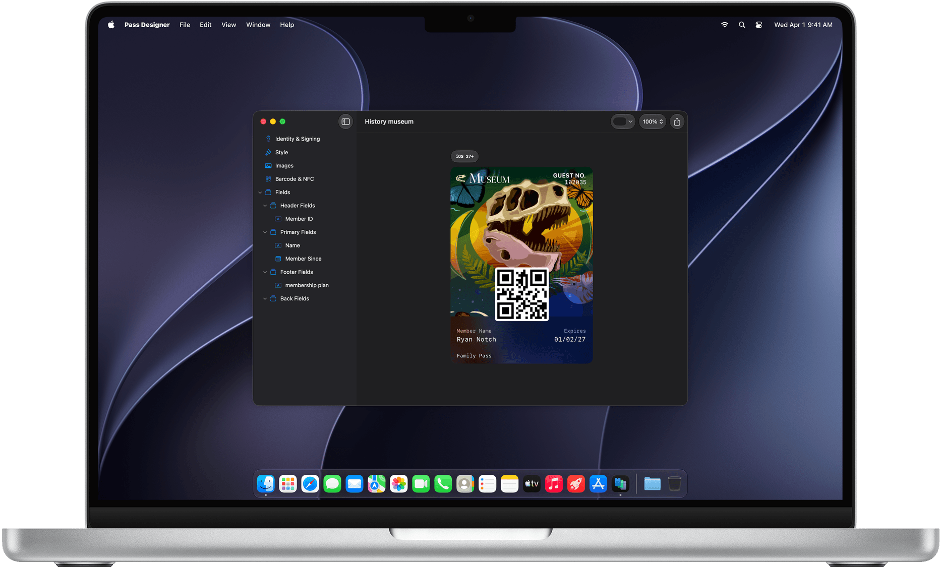 The Pass Designer app on Mac, editing a museum membership pass