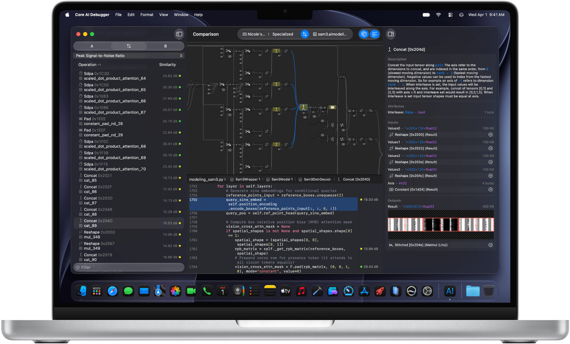 The Core AI Debugger app on Mac, comparing a model's operation graph with its Python source