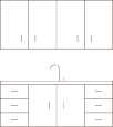 Line drawing of a kitchen sink with faucet, four drawers, and two cabinets below, plus hanging shelves above.