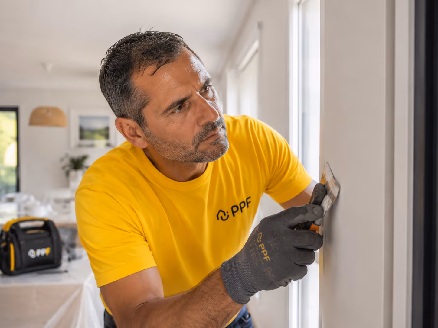 Un homme en t-shirt jaune et gants noirs ponce un mur blanc à l'intérieur d'une maison.