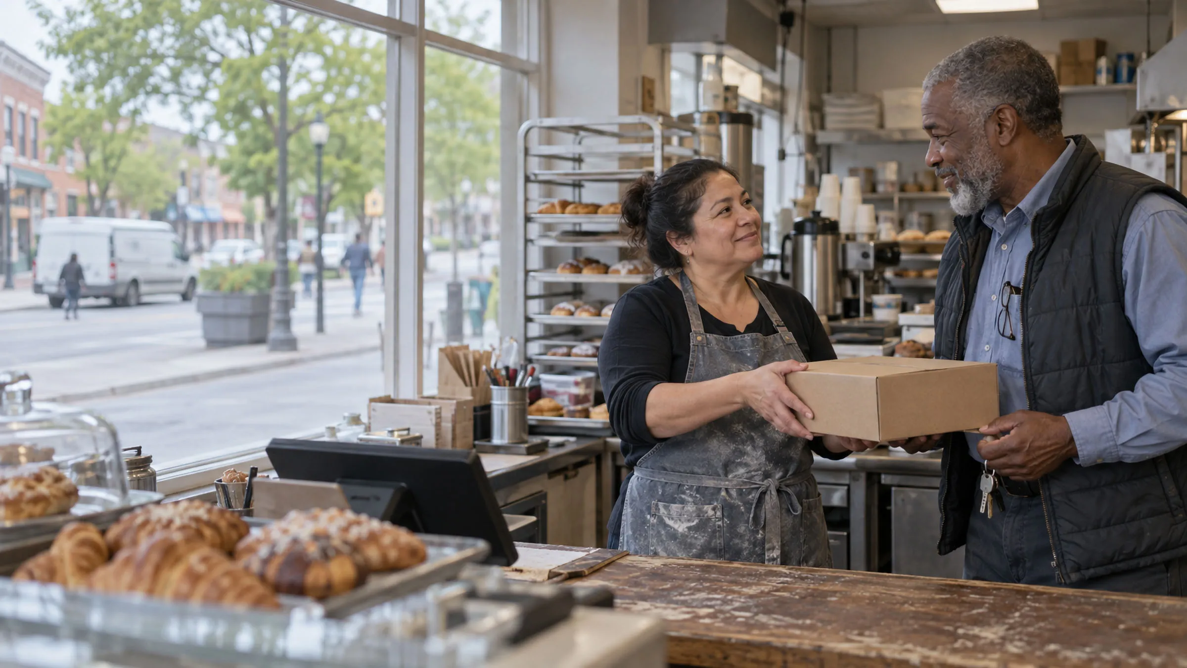 A neighborhood bakery owner hands a box to a customer, with the main street visible through the front window.