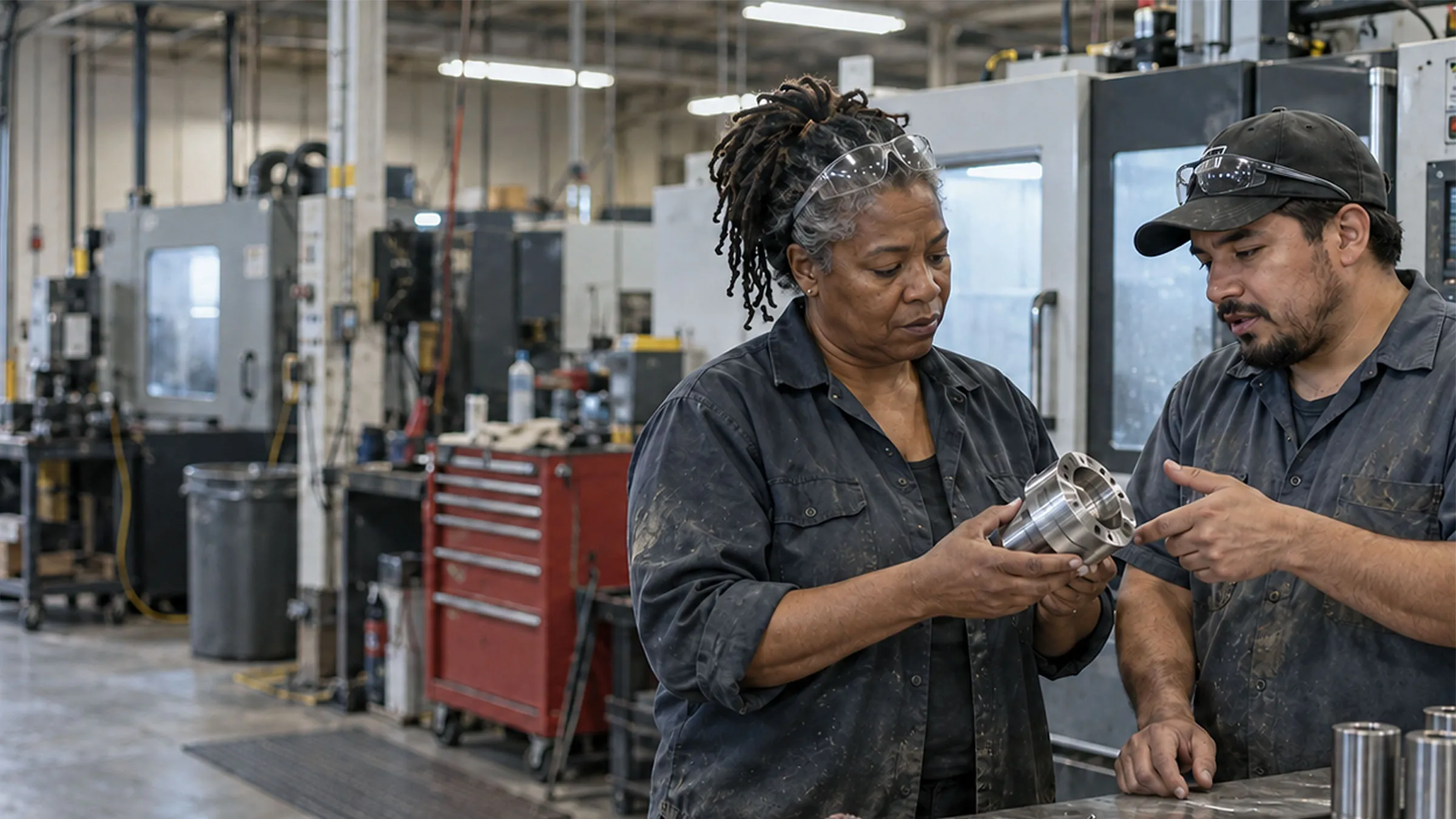 A machine shop owner and a machinist examine a freshly milled part on the shop floor.