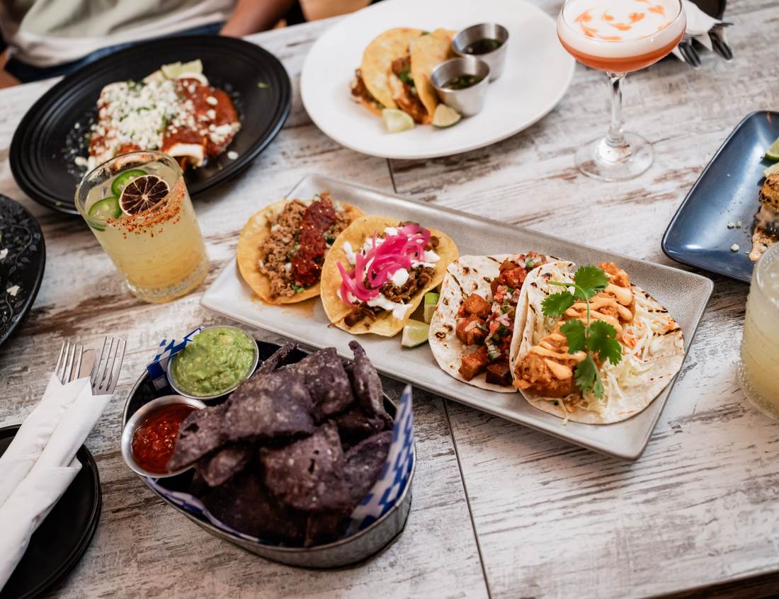 Tacos, chips, guacamole and drinks at Baja Craft Kitchen