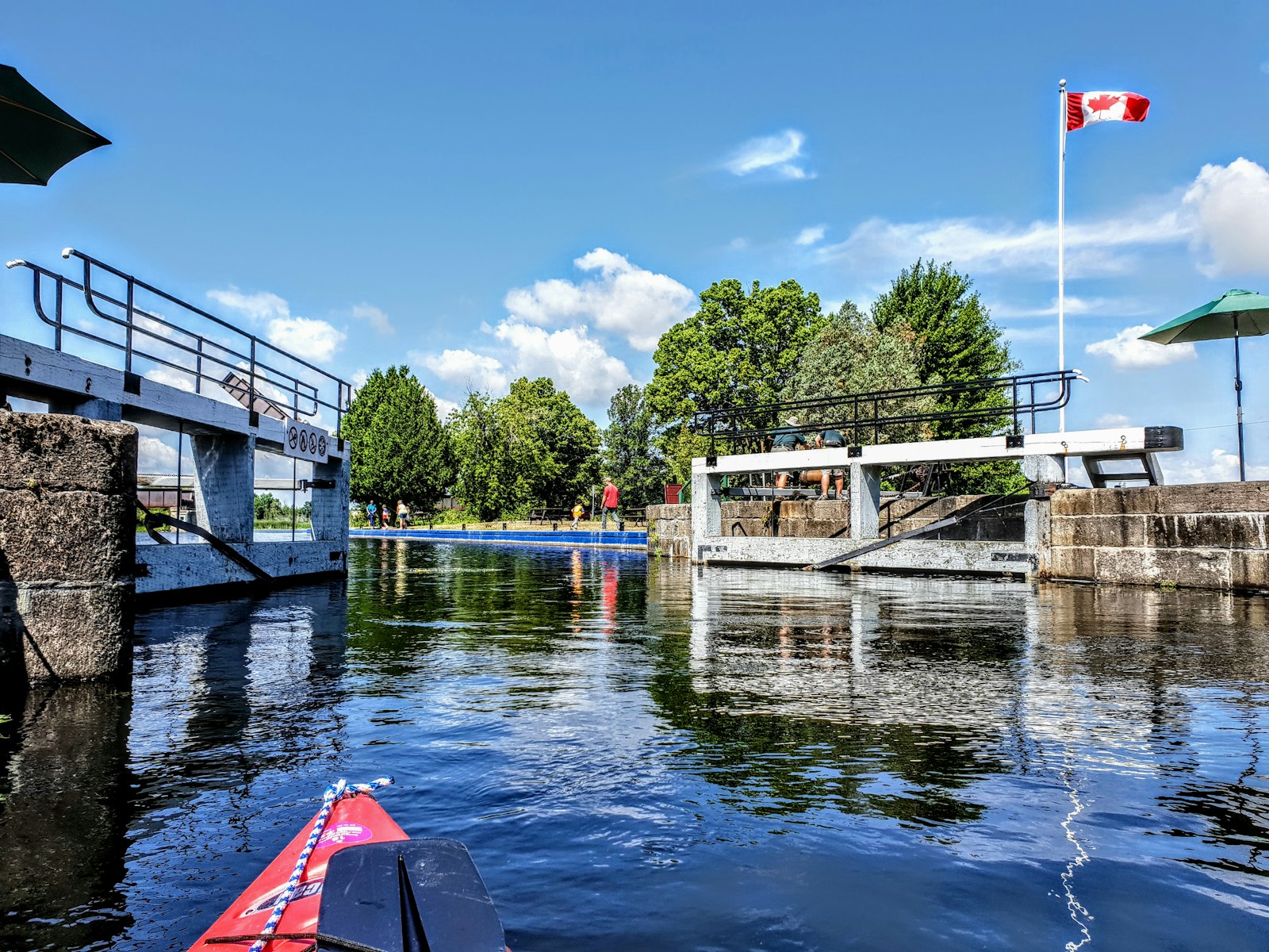 A kayak approaching a Rideau Canal lock in Smiths Falls, Ontario